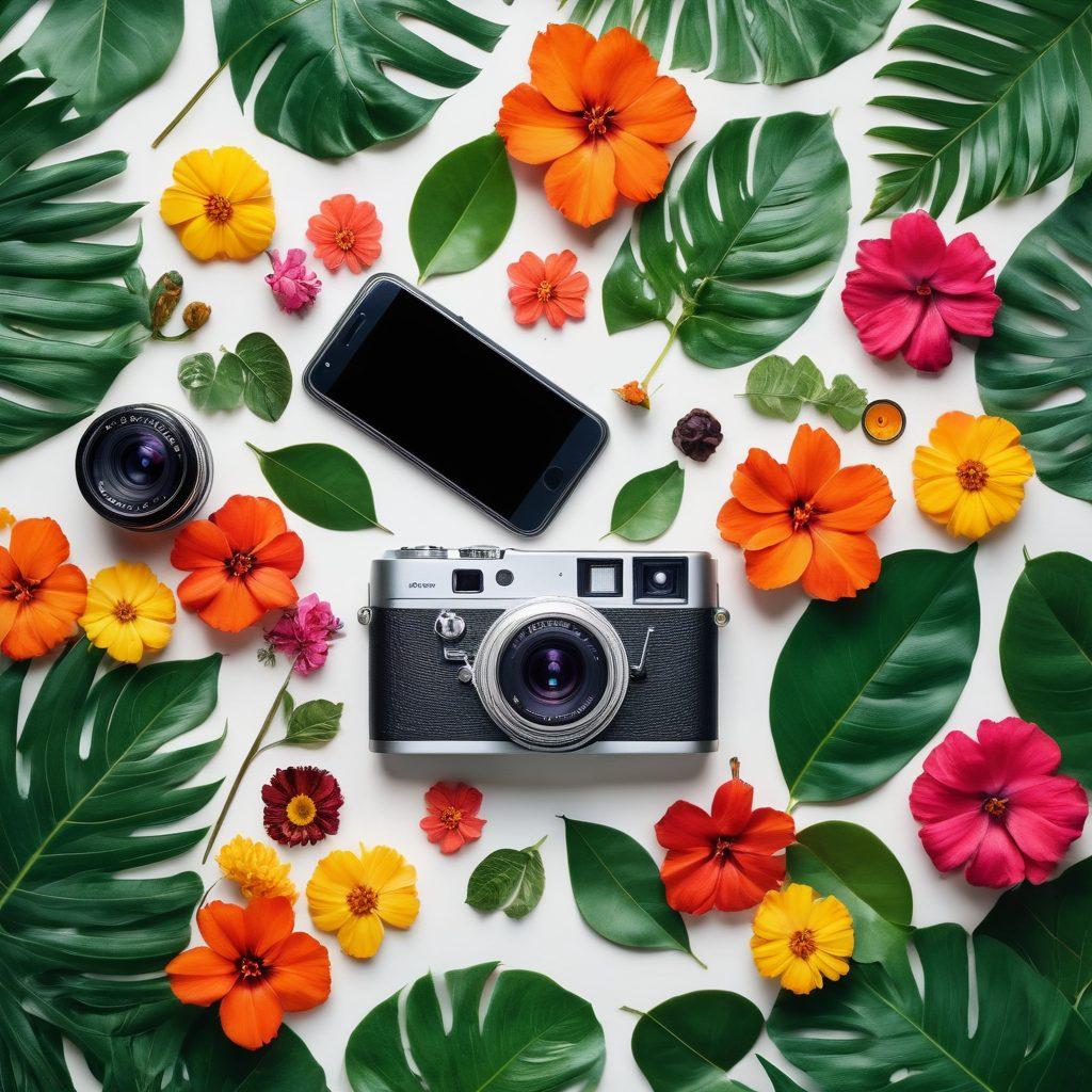 A vibrant flat lay composition of a smartphone displaying an eye-catching Instagram post surrounded by photography accessories like lenses, a vintage camera, and lively props such as tropical leaves and colorful flowers, inviting creativity and inspiration. super-realistic. bright colors. white background.