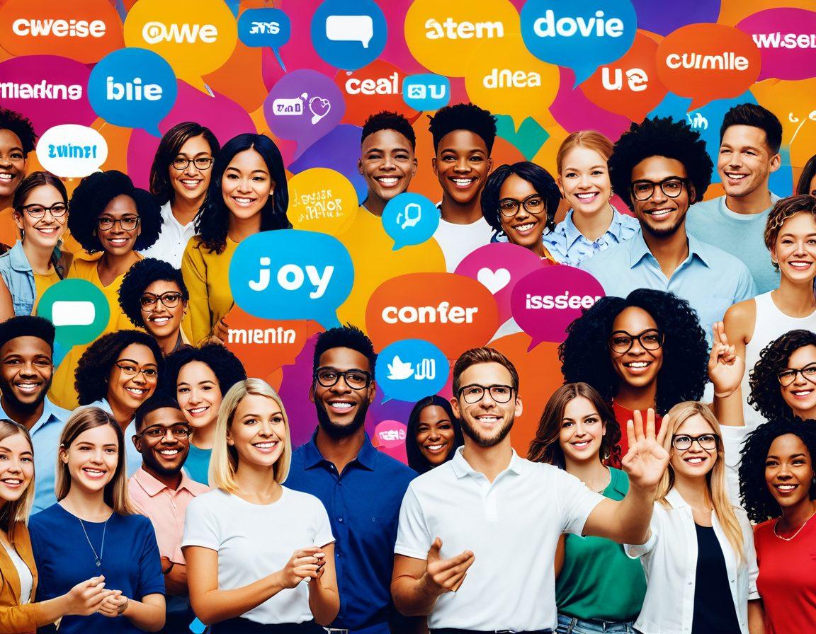 A dynamic collage depicting diverse individuals engaging in community activities, surrounded by vibrant social media icons symbolizing influencer marketing. Include a backdrop of hands shaking, signifying collaboration, and colorful speech bubbles representing communication. Create an atmosphere of excitement and connection with bright, engaging colors that draw the eye to the center. super-realistic. vibrant colors.